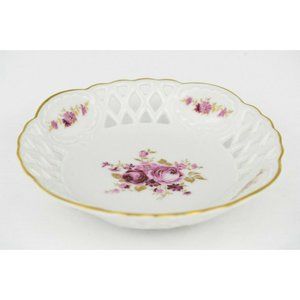 Wallendorf Ring Tray Porcelain Reticulated Trinket Dish Bowl Pink Roses Gold